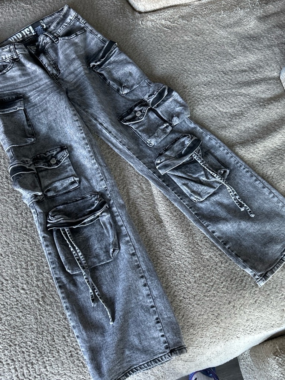 VIP Gray Wide-Leg Cargo Jeans with Utility Pockets